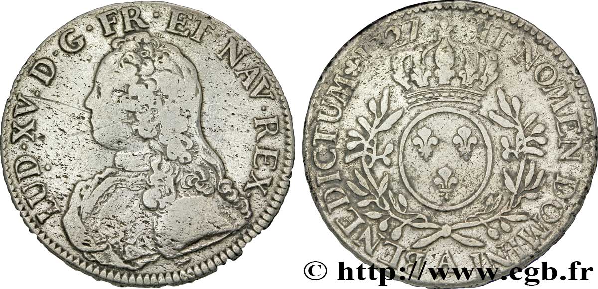 LOUIS XV DIT LE BIEN AIMÉ Écu aux branches d&nbsp;olivier, buste habillé 1727 Paris B+