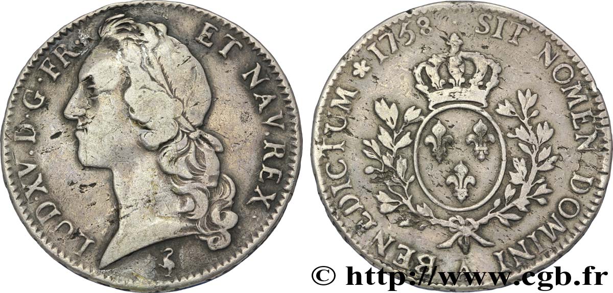 LOUIS XV DIT LE BIEN AIMÉ Écu aux branches d’olivier, tête ceinte d’un bandeau 1758 Paris TB