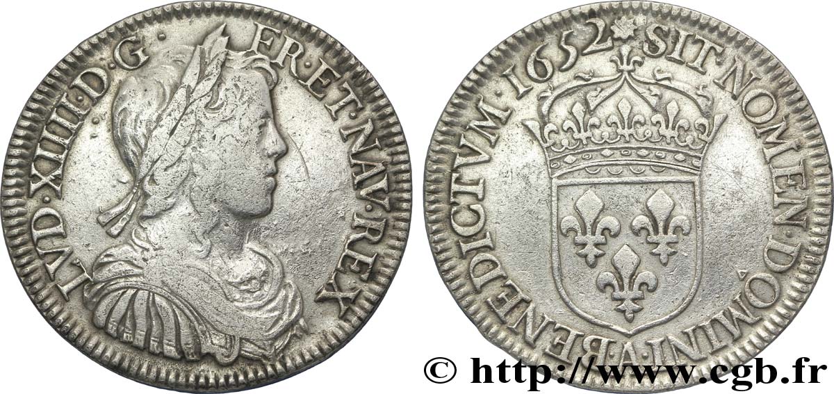 LOUIS XIV  THE SUN KING  Demi-écu, portrait à la mèche longue 1652 Paris MB