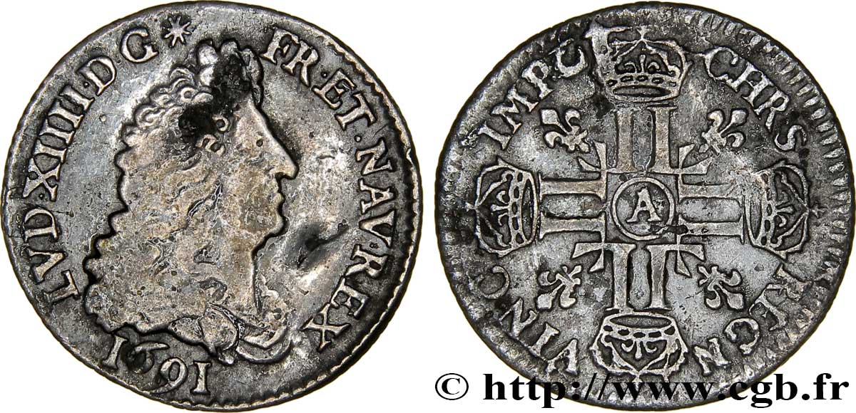 LOUIS XIV LE GRAND OU LE ROI SOLEIL Douzième d&nbsp;écu aux huit L, 1er type 1691 Paris TTB