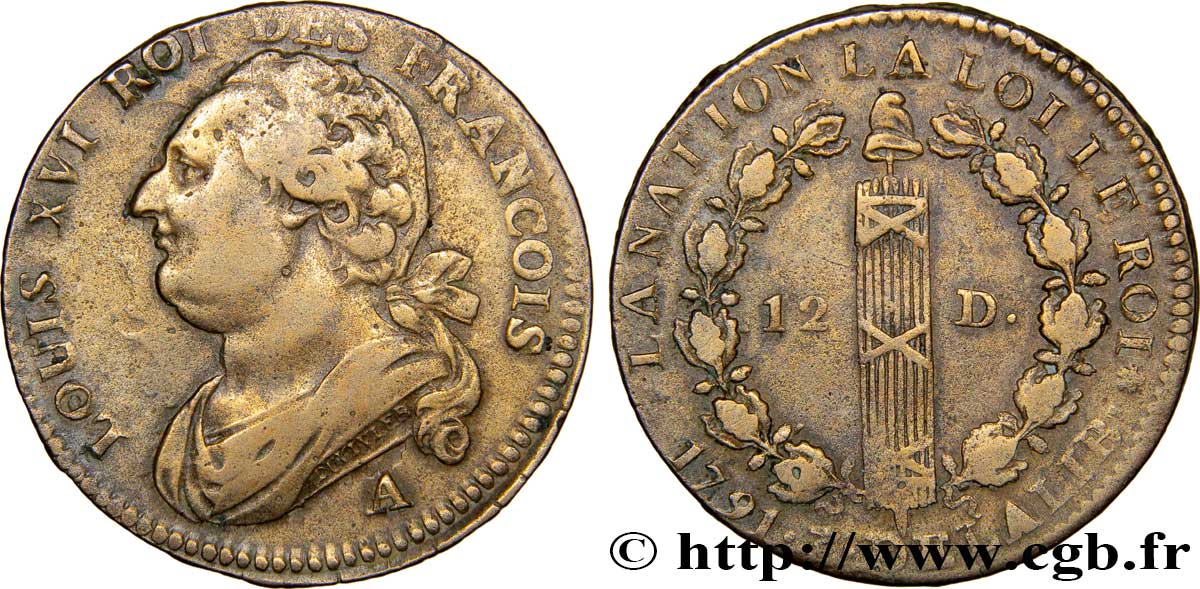 LOUIS XVI (MONARQUE CONSTITUTIONNEL)  12 deniers dit  au faisceau , type FRANCOIS 1791 Paris TTB