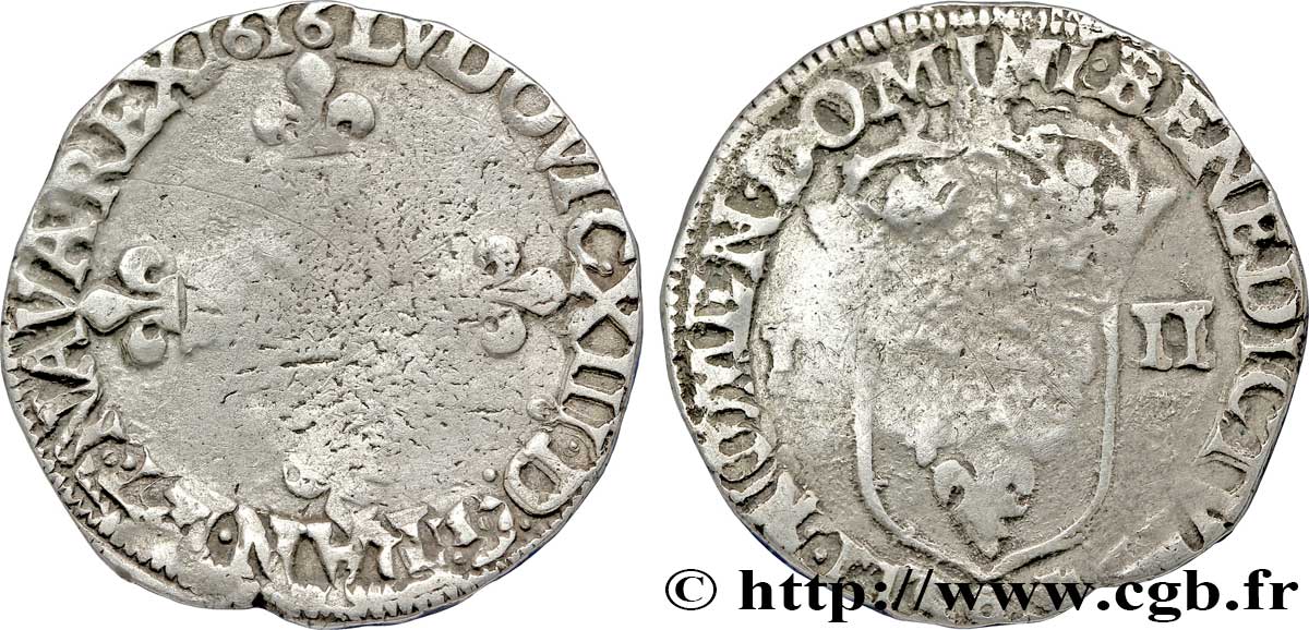 LOUIS XIII LE JUSTE Quart d&nbsp;écu, à la croix fleurdelisée, titulature côté croix 1616 Rennes B+
