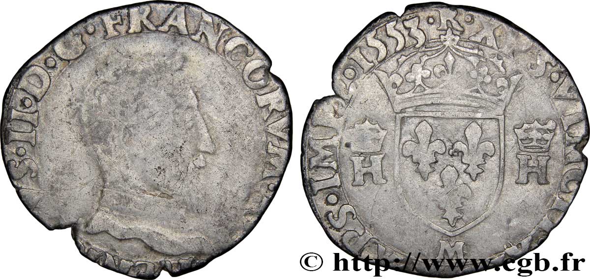 HENRY II Demi-teston à la tête nue, 5e type 1553 Toulouse BC