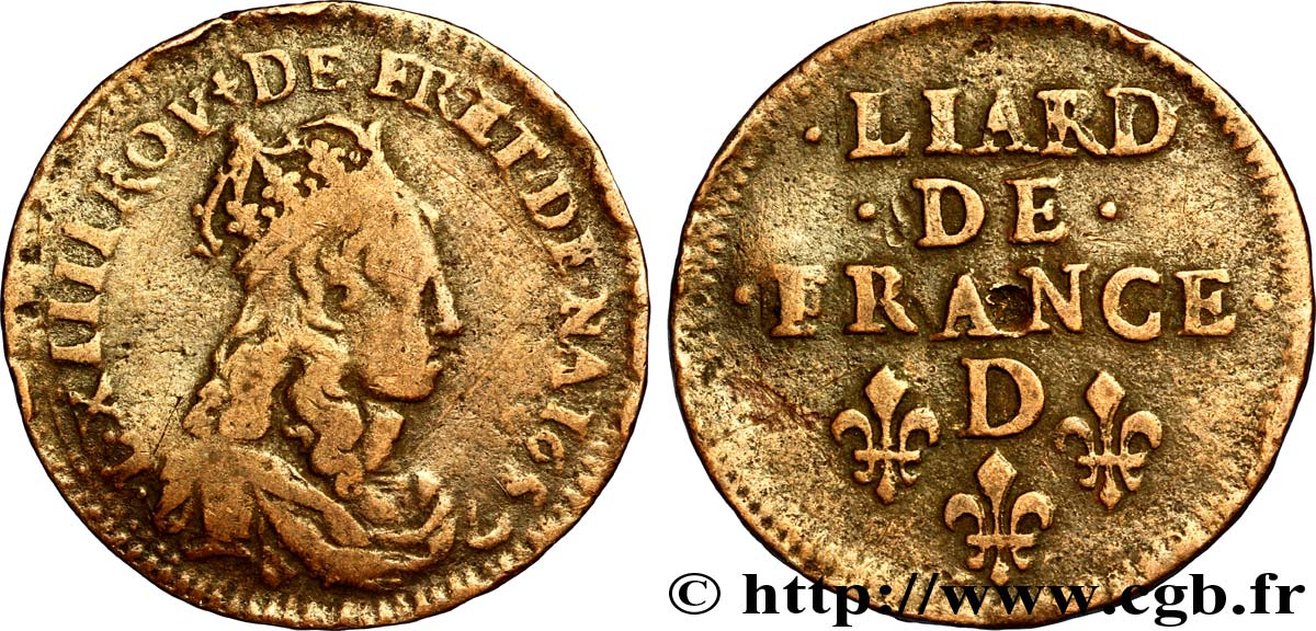 LOUIS XIV  THE SUN KING  Liard de cuivre, 2e type 1657 Vimy-en-Lyonnais (actuellement Neuville-sur-Saône) BC