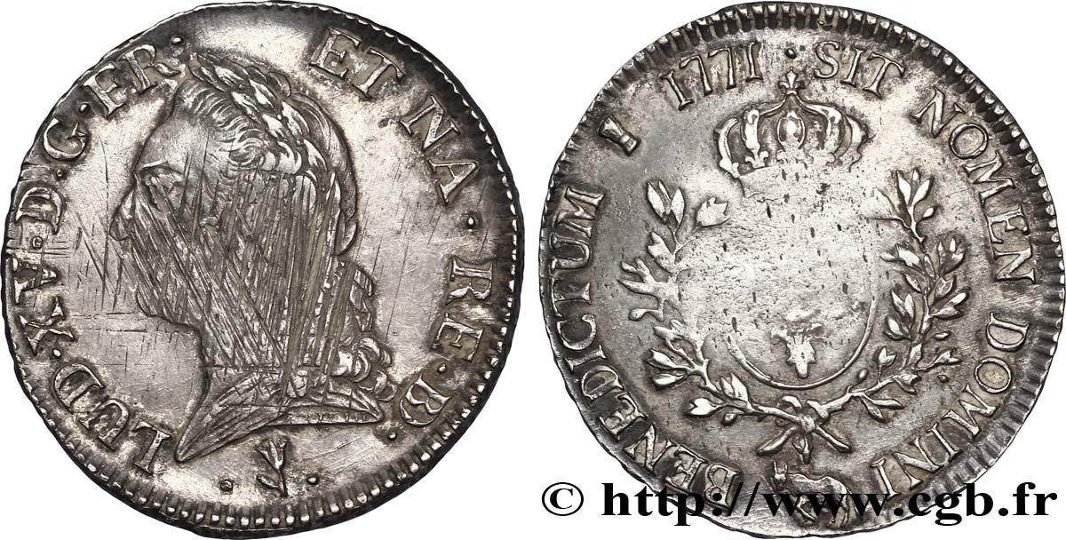 LOUIS XV DIT LE BIEN AIMÉ Écu aux branches d’olivier, buste lauré 1771 Pau TTB