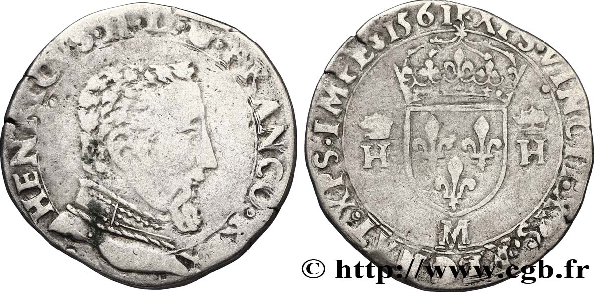 CHARLES IX. COINAGE AT THE NAME OF HENRY II Teston à la tête nue, 5e type 1561 Toulouse BC+