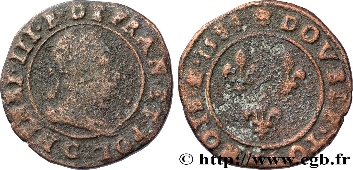HENRI III Double tournois, type de Saint-Lô 1588 Saint-Lô B