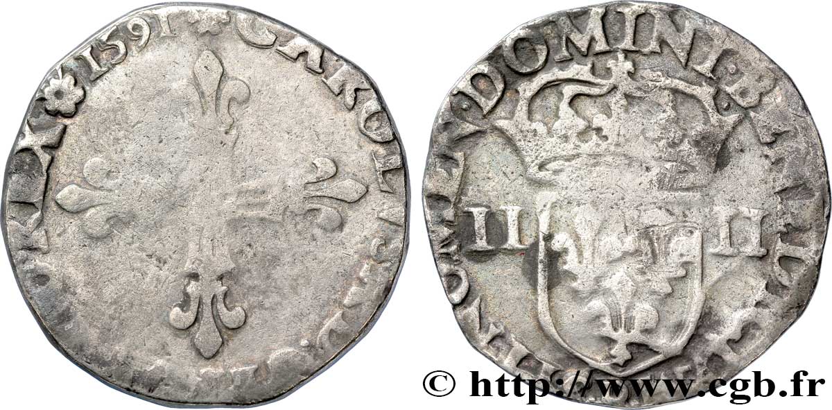 CHARLES X, CARDINAL DE BOURBON Quart d écu, croix de face 1591 Rouen B