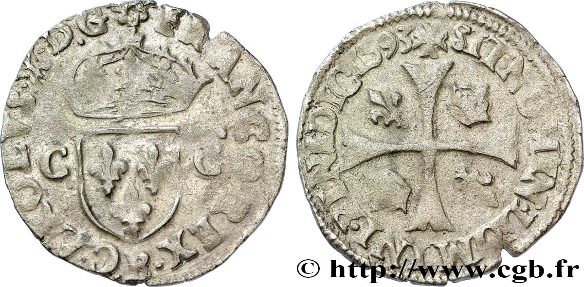 CHARLES X, CARDINAL DE BOURBON Douzain aux deux C, 2e type 1593 Rouen TB+