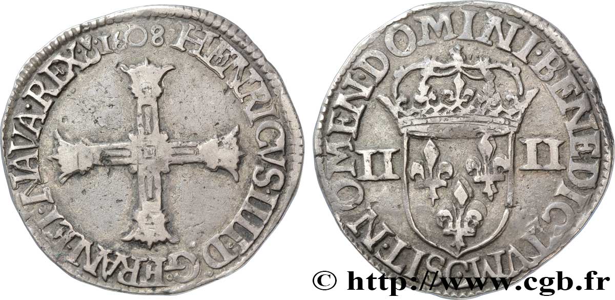 HENRI IV LE GRAND Quart d écu, croix batonnée et couronnée de face 1608 Saint-Lô TB+/TTB