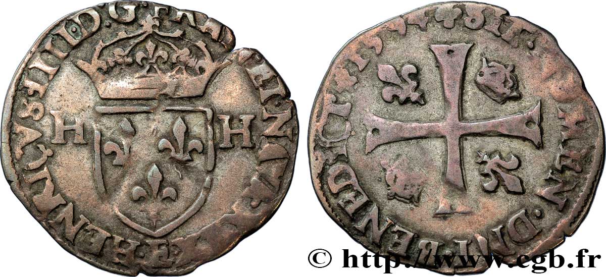 HENRY IV Douzain aux deux H, 2e type, contremarqué en quinzain sous Louis XIII 1594 Tours VF