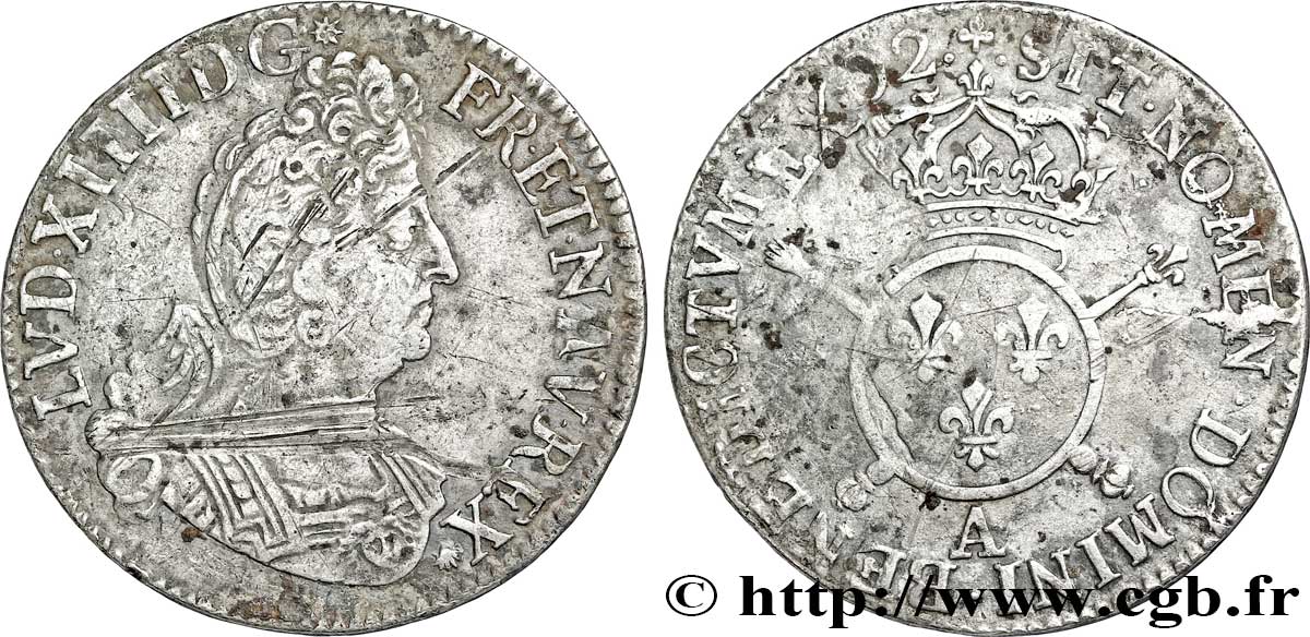 LOUIS XIV LE GRAND OU LE ROI SOLEIL Demi-écu aux insignes 1702 Paris TTB