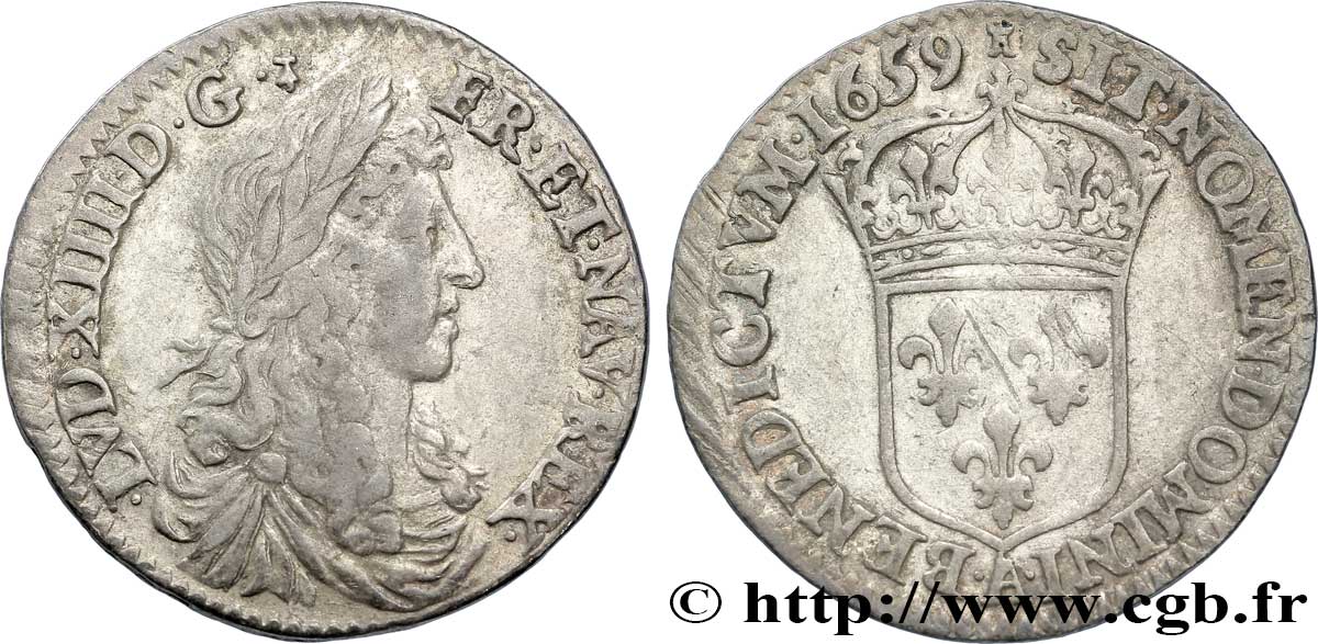 LOUIS XIV LE GRAND OU LE ROI SOLEIL Douzième d écu, portrait apollinien 1659 Paris TTB+