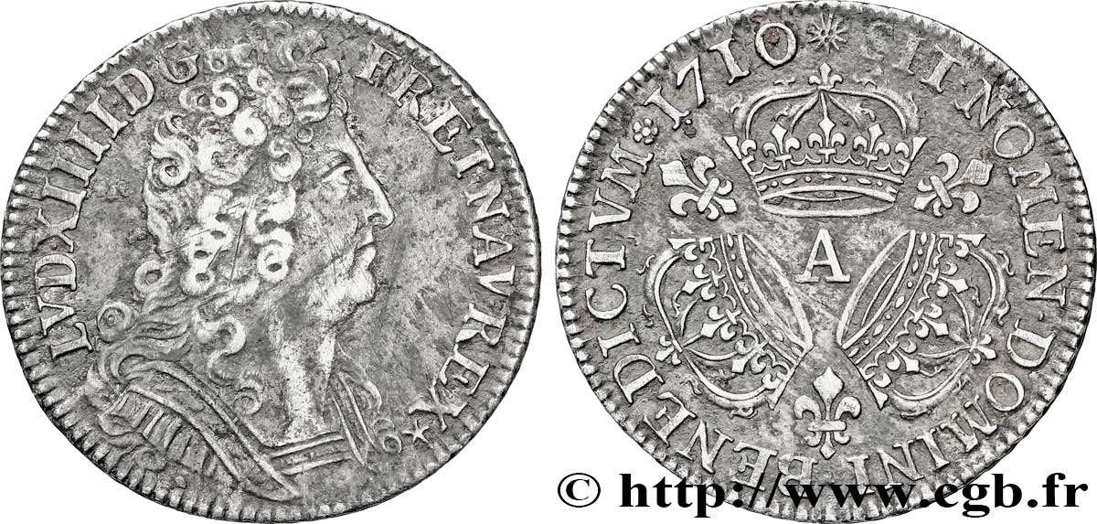 LOUIS XIV  THE SUN KING  Quart d écu aux trois couronnes 1710 Paris BC+