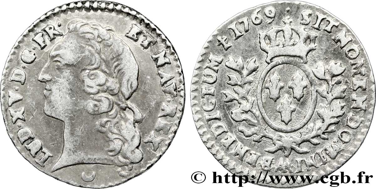 LOUIS XV DIT LE BIEN AIMÉ Vingtième d écu aux branches d’olivier, tête ceinte d’un bandeau 1769  Metz TB+