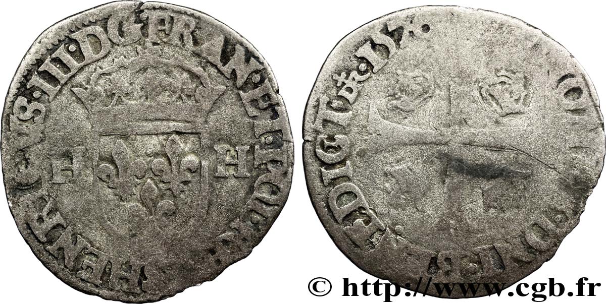 HENRI III Douzain aux deux H, 1er type 1576 Troyes B+