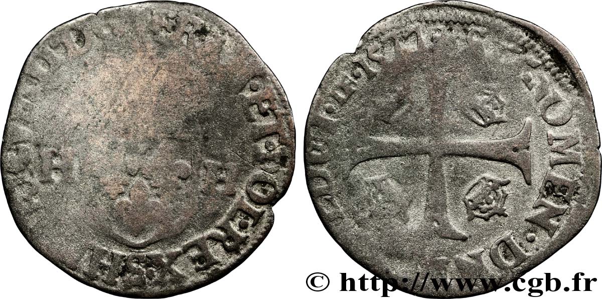 HENRI III Douzain aux deux H, 1er type 1577 Troyes B