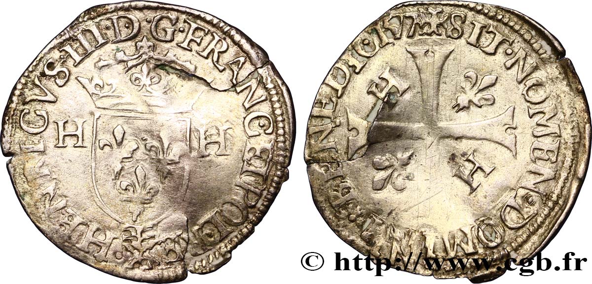 HENRY III Douzain aux deux H, 2e type 1577 Nantes BC+