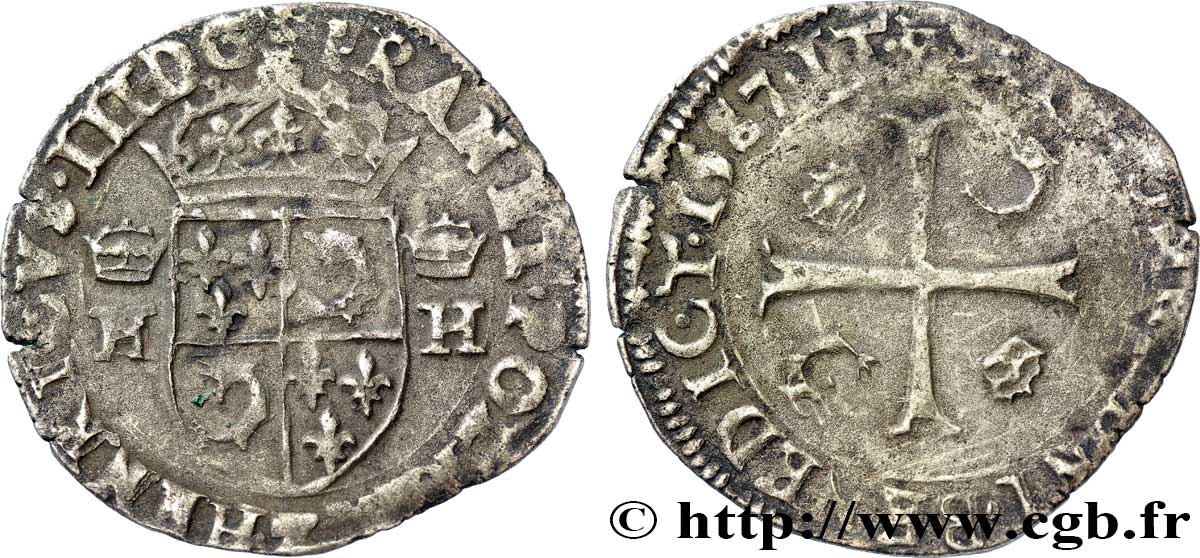HENRI III Douzain du Dauphiné aux deux H couronnées 1587 Grenoble TTB