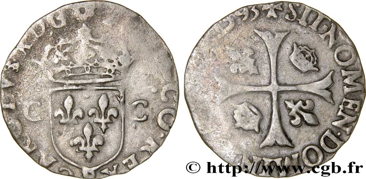 CHARLES X, CARDINAL DE BOURBON Douzain aux deux C, 2e type 1593 Rouen TB+