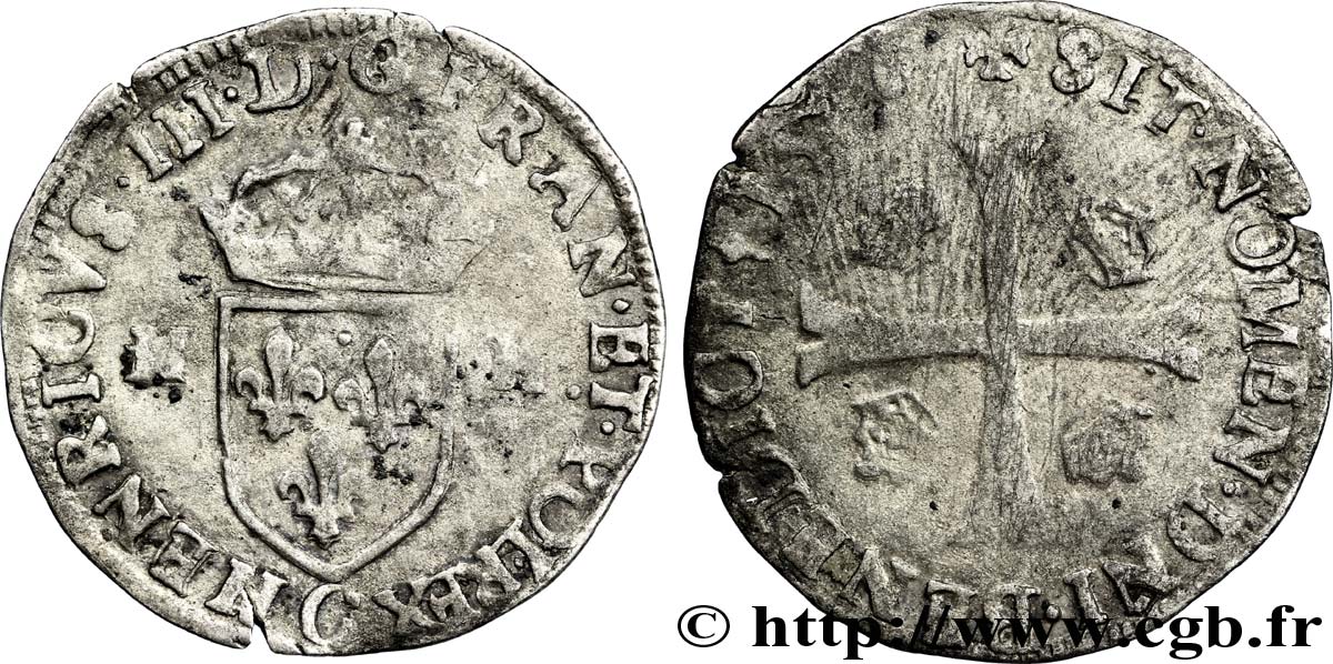 HENRI III Douzain aux deux H, 1er type 1576 Saint-Lô TB