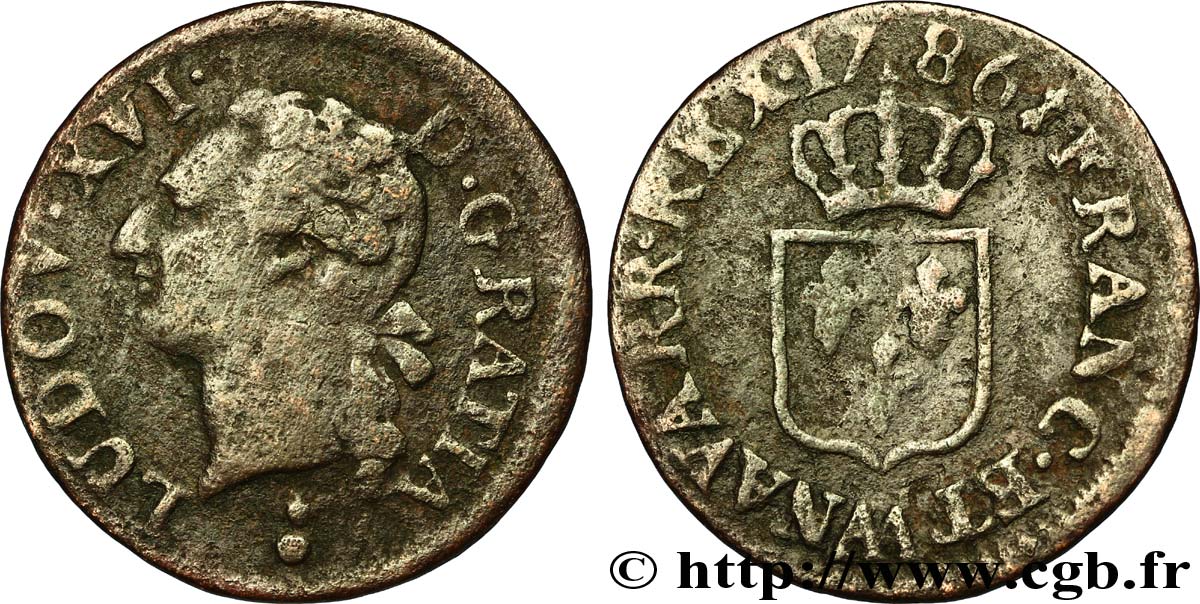 LOUIS XVI Liard dit “à l&nbsp;écu” 1786 Metz B+