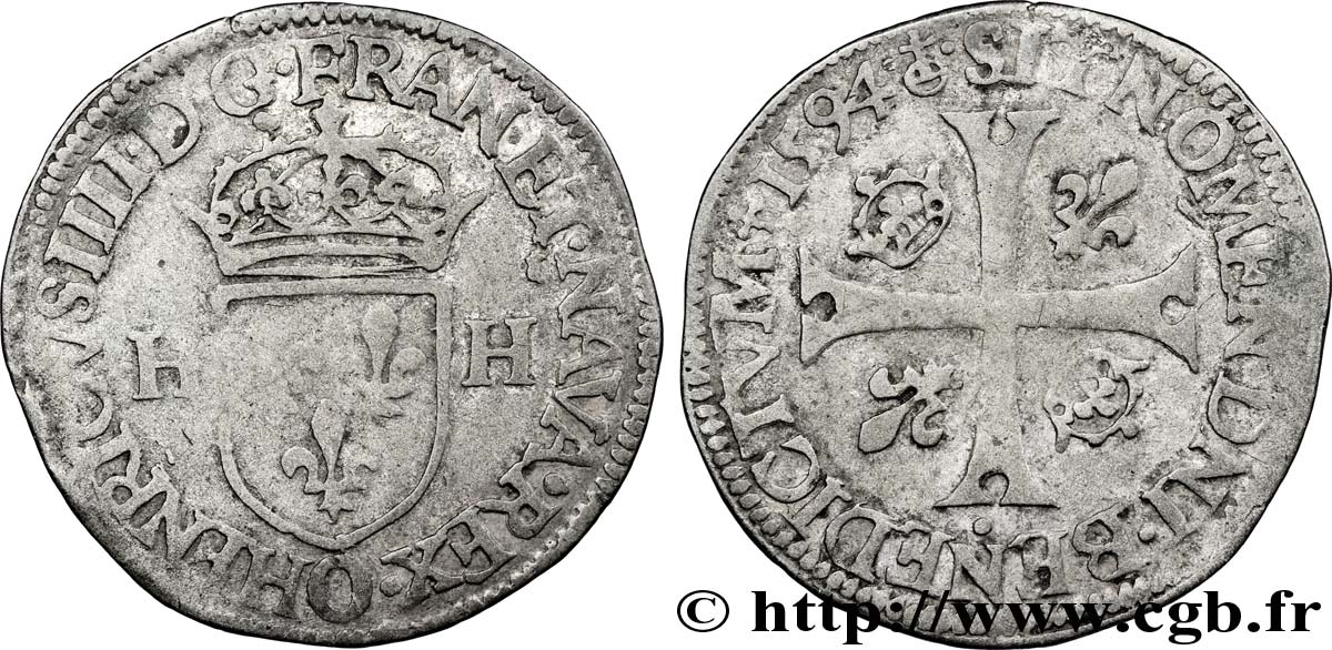 HENRI IV LE GRAND Douzain aux deux H, 2e type 1594 Riom TB+