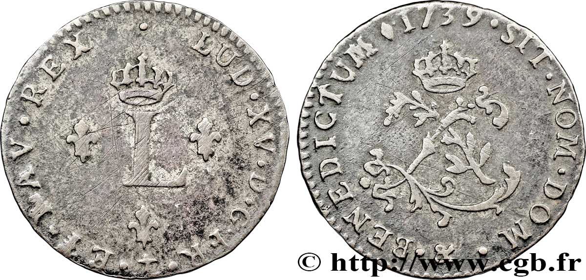 LOUIS XV DIT LE BIEN AIMÉ Double sol de billon 1739 Aix-en-Provence TB+
