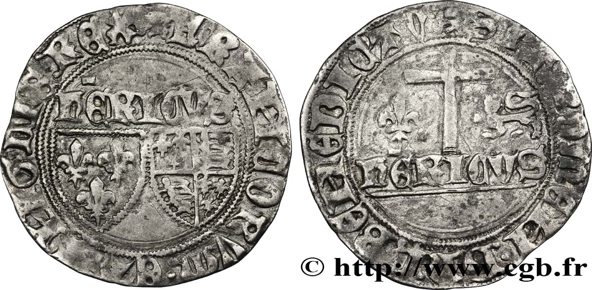HENRY VI DE LANCASTRE - ROI DE FRANCE (1422-1453) - ROI D ANGLETERRE (1422-1461) et (1470-1471) Blanc aux écus n.d. Rouen TTB