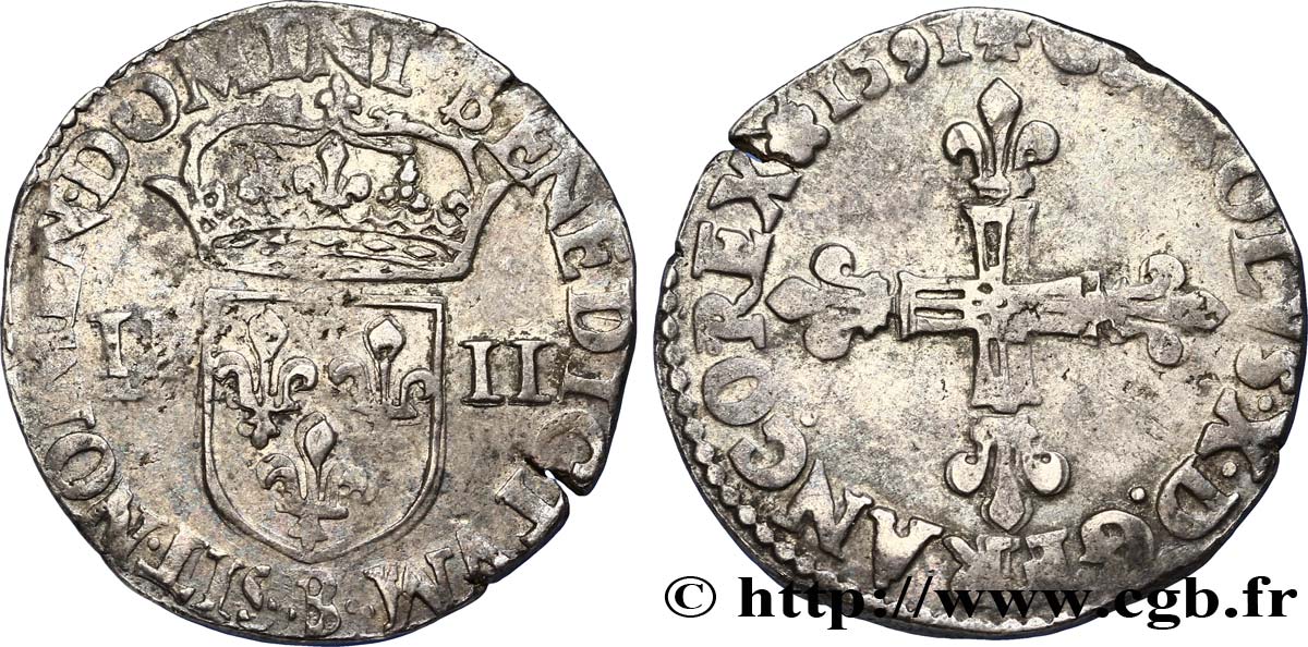 CHARLES X, CARDINAL OF BOURBON Quart d écu, croix de face 1591 Rouen VF