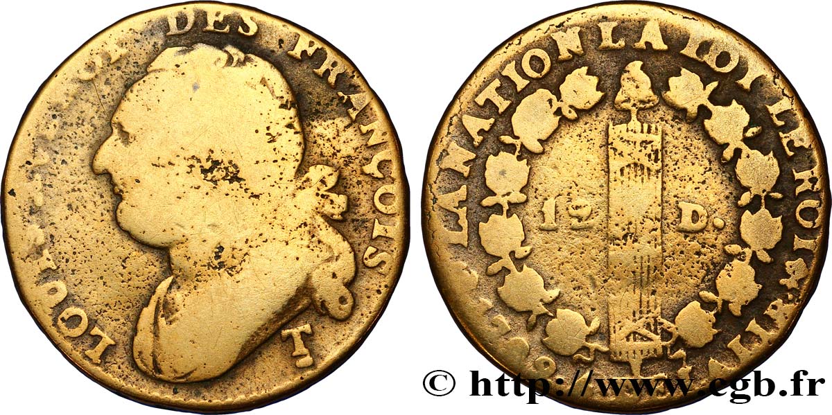 LOUIS XVI (MONARQUE CONSTITUTIONNEL)  12 deniers dit  au faisceau , type FRANÇOIS 1792 Saumur B