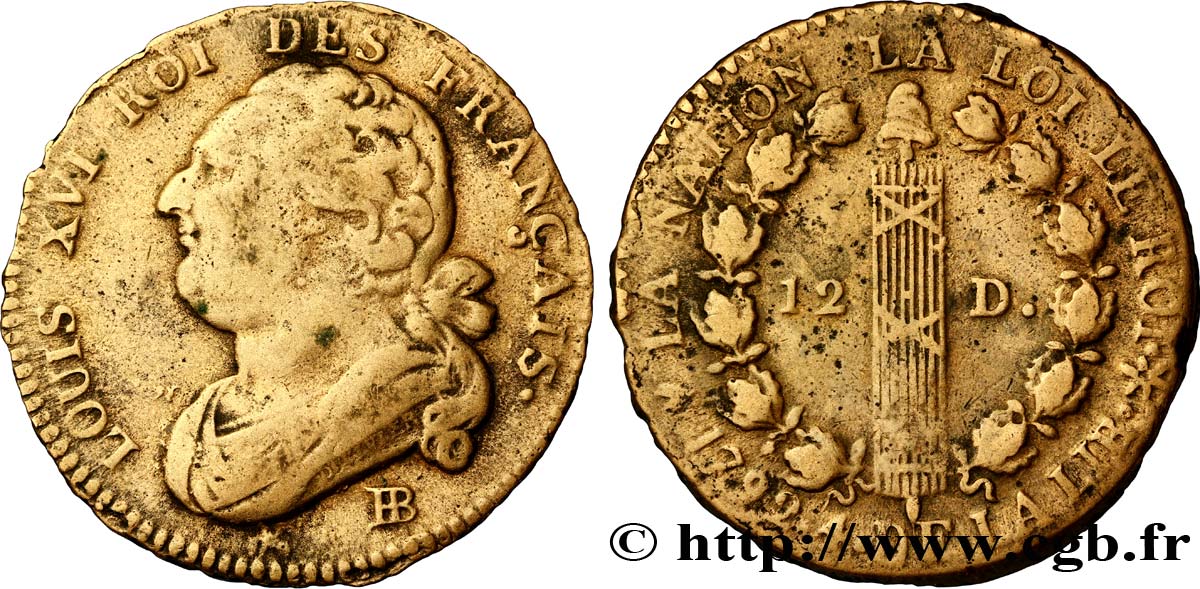 LOUIS XVI (MONARQUE CONSTITUTIONNEL)  12 deniers dit &nbsp;au faisceau&nbsp;, type FRANÇAIS 1792 Strasbourg TTB