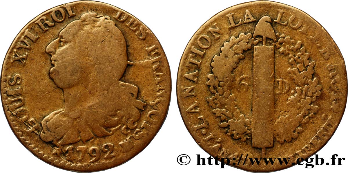 LOUIS XVI (MONARQUE CONSTITUTIONNEL)  6 deniers dit &nbsp;au faisceau&nbsp;, type FRANÇOIS 1792 Marseille B+/B