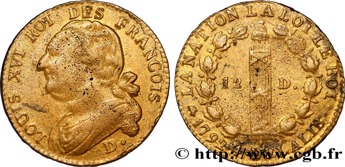 LOUIS XVI (MONARQUE CONSTITUTIONNEL)  12 deniers dit &nbsp;au faisceau&nbsp;, type FRANCOIS 1792 Dijon TTB