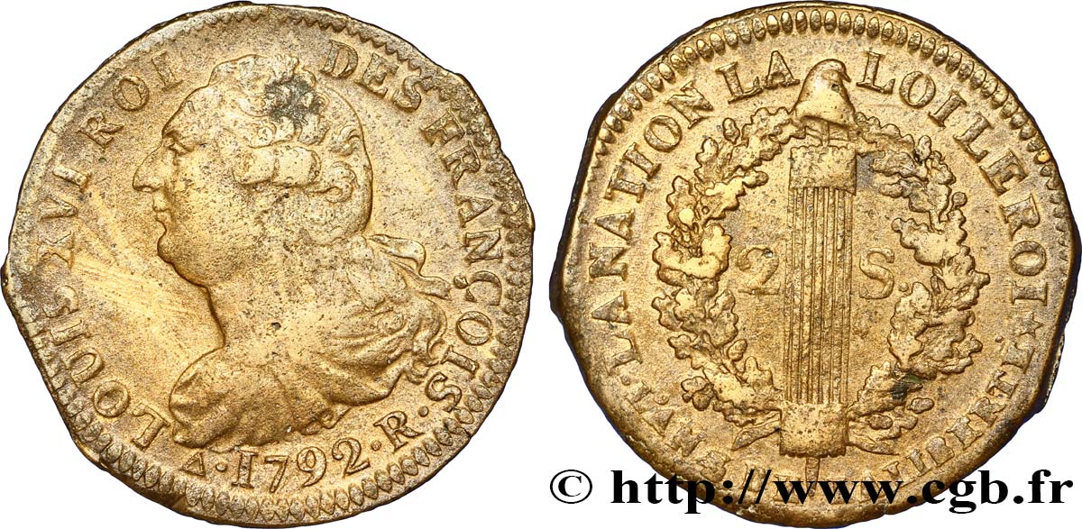 LOUIS XVI (MONARQUE CONSTITUTIONNEL)  2 sols dit  au faisceau , type FRANÇOIS 1792 Orléans TTB