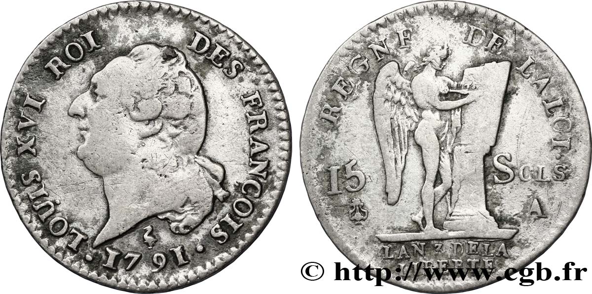LOUIS XVI (MONARQUE CONSTITUTIONNEL)  15 sols dit &nbsp;au génie&nbsp;, type FRANÇOIS 1791 Paris TB+