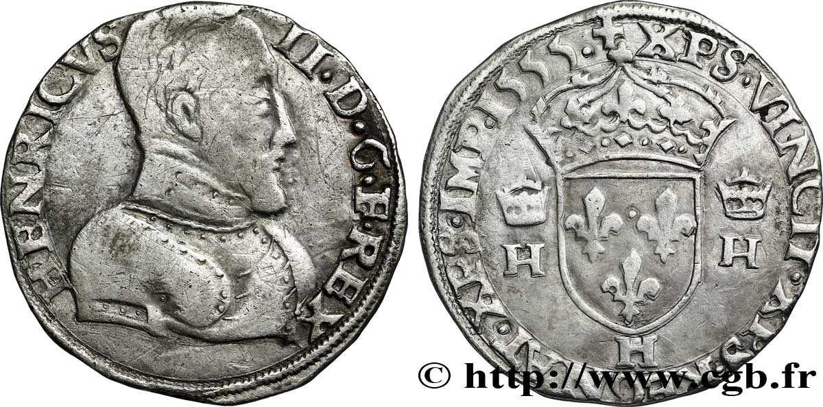 HENRI II Teston à la tête nue, 1er type 1555 La Rochelle TTB