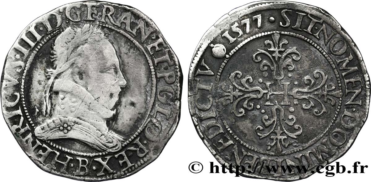HENRY III Franc au col plat 1577 Rouen VF/XF