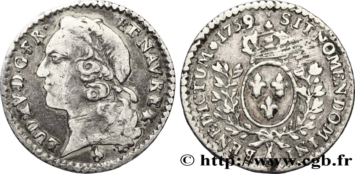 LOUIS XV DIT LE BIEN AIMÉ Vingtième d&nbsp;écu aux branches d’olivier, tête ceinte d’un bandeau 1759 Paris TB+