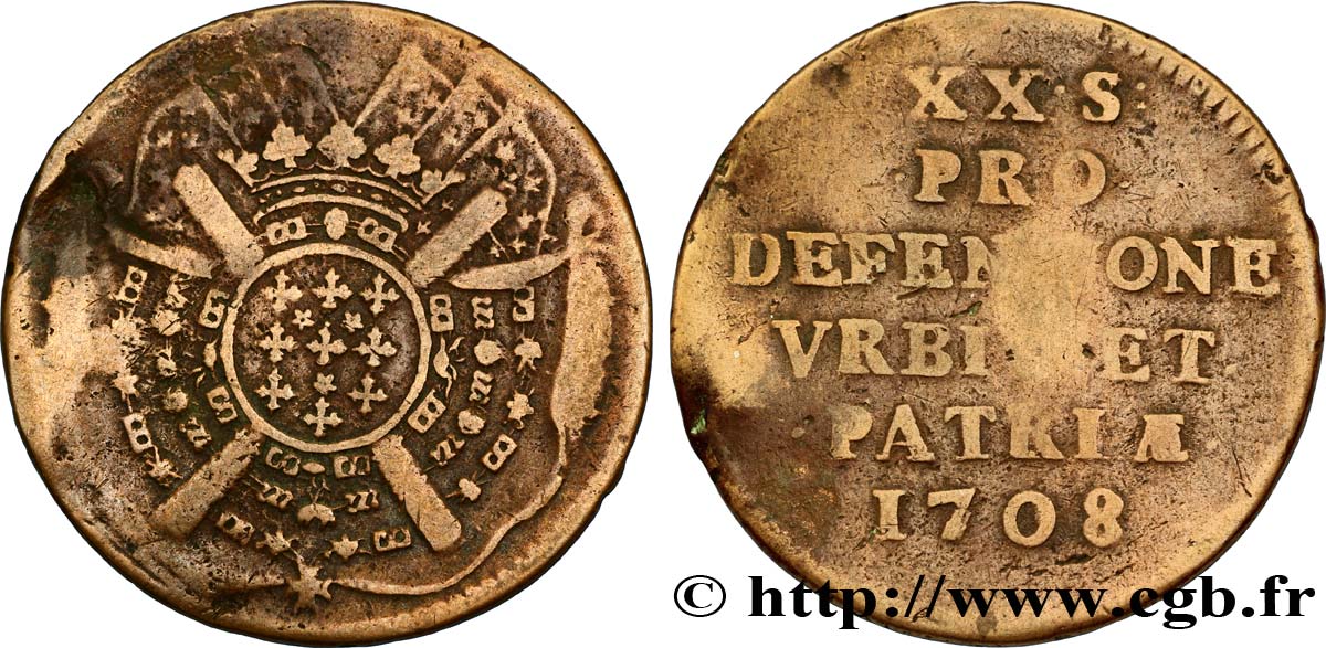 FLANDERS - SIEGE OF LILLE Vingt sols, monnaie obsidionale 1708 Lille VG