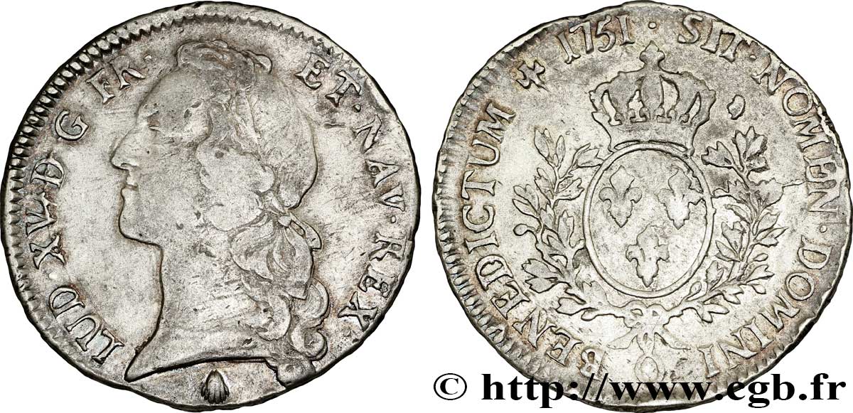 LOUIS XV DIT LE BIEN AIMÉ Écu aux branches d’olivier, tête ceinte d’un bandeau 1751 Perpignan TB+