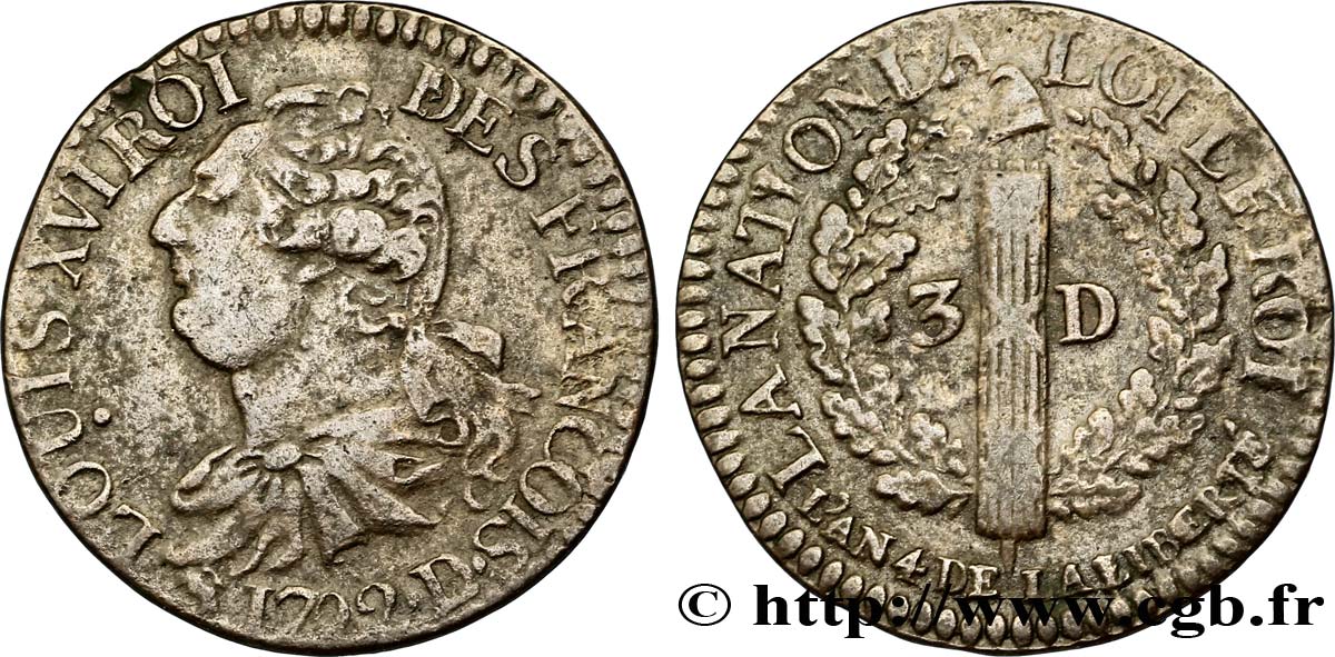 LOUIS XVI (MONARQUE CONSTITUTIONNEL)  3 deniers dit &nbsp;au faisceau&nbsp;, type FRANCOIS 1792 Lyon TB+
