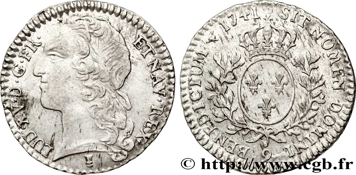 LOUIS XV DIT LE BIEN AIMÉ Dixième d&nbsp;écu aux branches d’olivier, tête ceinte d’un bandeau 1741 Rennes TTB+