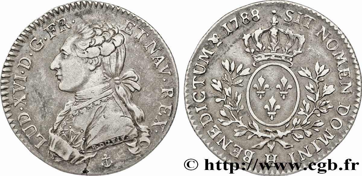 LOUIS XVI Cinquième d&nbsp;écu aux branches d&nbsp;olivier 1788 La Rochelle TTB+