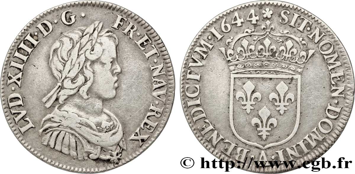 LOUIS XIV LE GRAND OU LE ROI SOLEIL Quart d&nbsp;écu, portrait à la mèche courte 1644 Paris, Monnaie de Matignon TB+