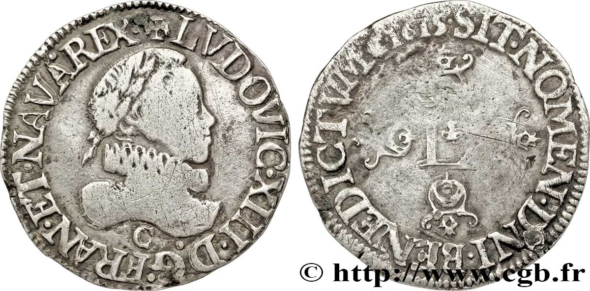 LOUIS XIII LE JUSTE Demi-franc au grand buste lauré et au col fraisé 1615 Saint-Lô TTB