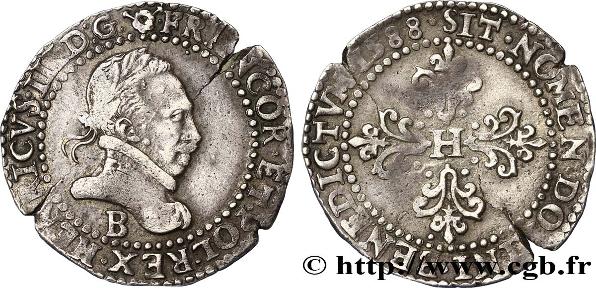 HENRI III Demi-franc au col plat 1588 Rouen TTB+/TTB