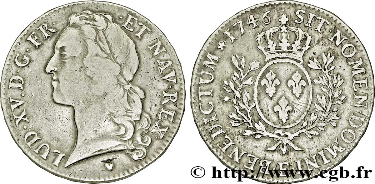 LOUIS XV DIT LE BIEN AIMÉ Écu aux branches d’olivier, tête ceinte d’un bandeau 1746 Tours TB+