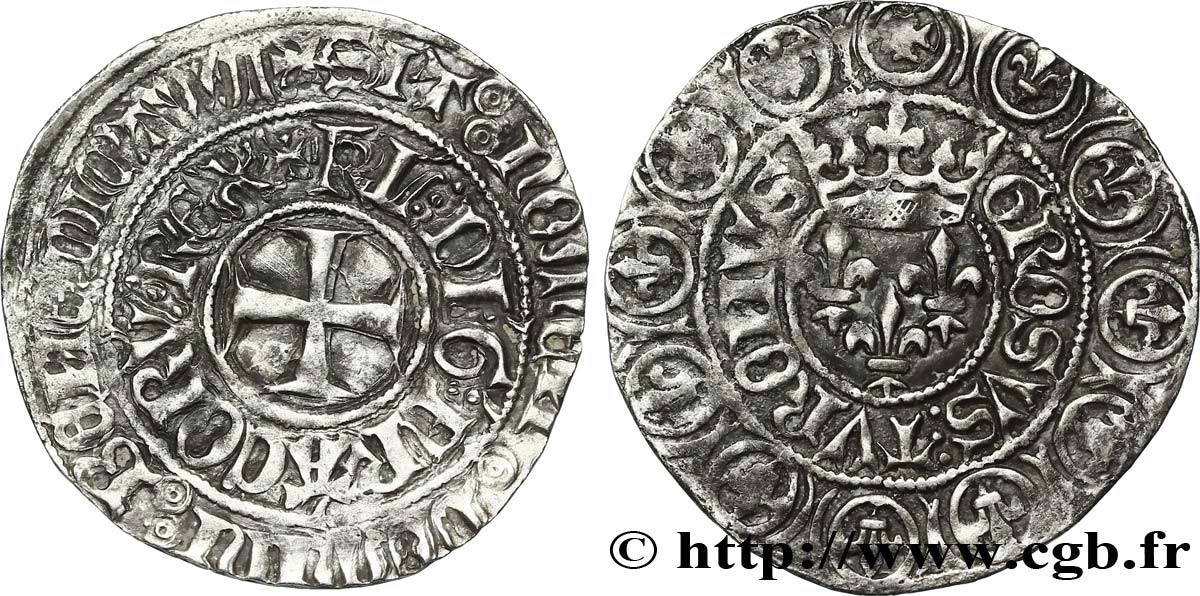 CHARLES VI LE FOU OU LE BIEN AIMÉ Gros aux lis sous une couronne ou grosus turonus n.d. Rouen TB