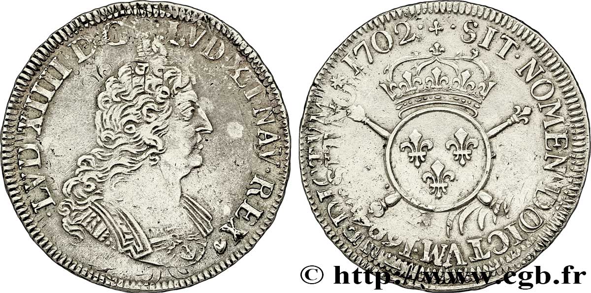 LOUIS XIV LE GRAND OU LE ROI SOLEIL Demi-écu aux insignes 1702 Tours TTB/TTB+